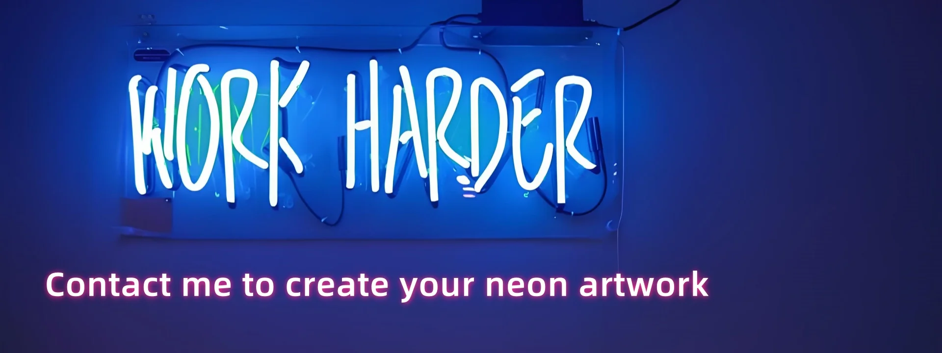 work-harder-custom-neon-sign-blue-neon-artwork Custom neon sign with "WORK HARDER" text in bright blue – modern neon artwork