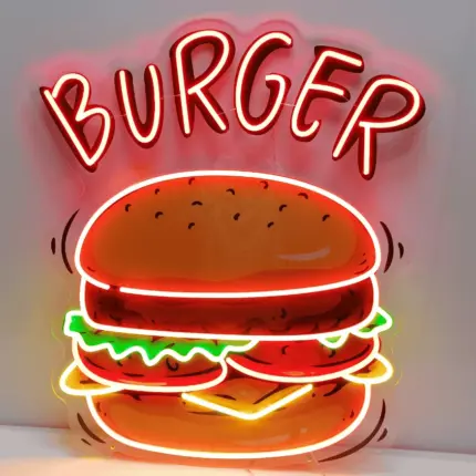 Burger UV print neon sign with glowing layers and bold red lettering.