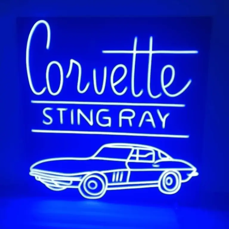 Custom neon sign featuring a blue Corvette Stingray car design, perfect for automotive lovers and garage decor.