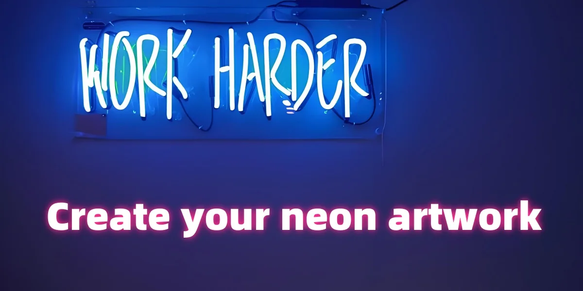 ustom neon sign with "WORK HARDER" text in bright blue – modern neon artwork