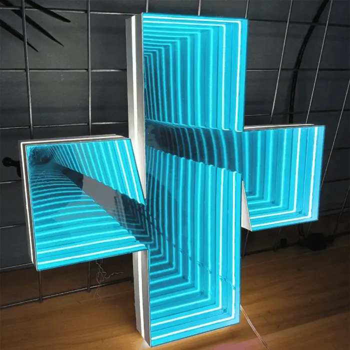 3D stereoscopic abyss mirror neon sign in plus shape with blue light