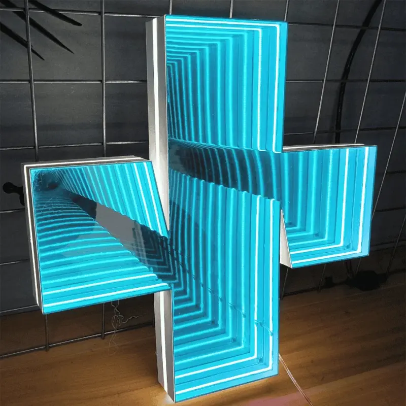 3D stereoscopic abyss mirror neon sign in plus shape with blue light