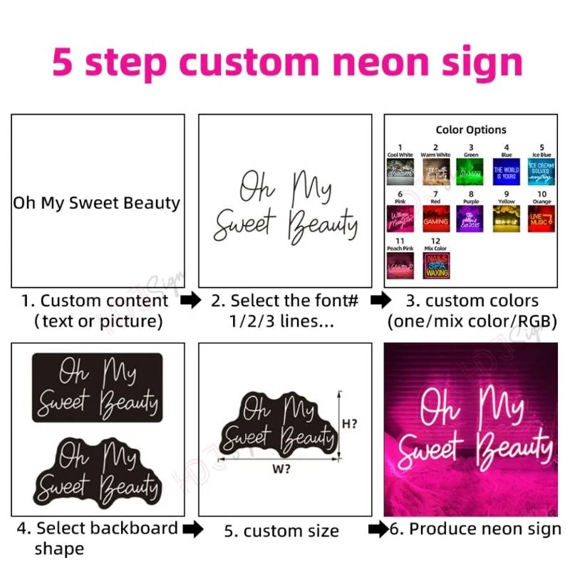 Step-by-step guide to create a custom neon sign, including content, font, color, shape, and size options