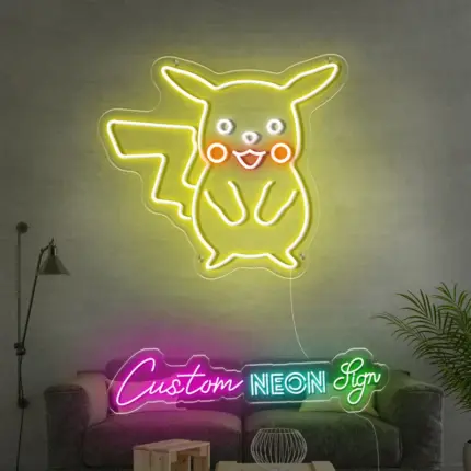 Yellow squirrel-shaped custom neon light mounted on wall – perfect for home decor and adding playful charm to any room.