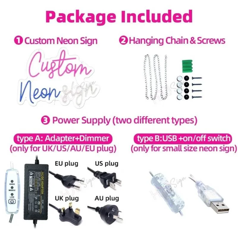 Accessories included with custom neon sign packaging—chains, screws, power adapter with dimmer, USB switch