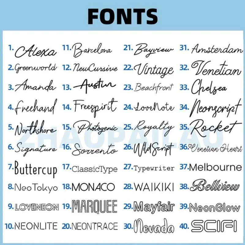 40 different font styles for designing a custom neon sign, including script, print, and retro looks