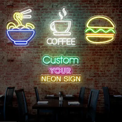 Custom neon sign featuring noodle bowl, coffee cup, and burger designs – ideal neon light for business advertising and restaurant decor.