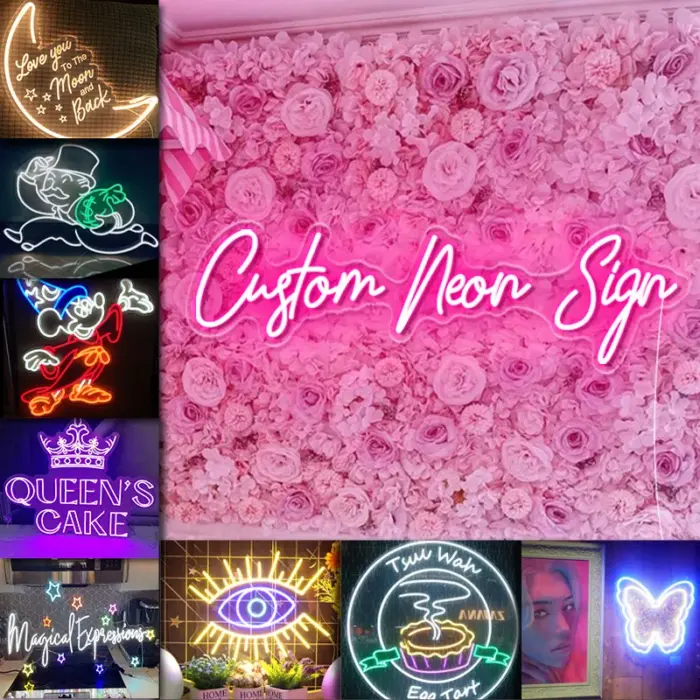 A custom neon sign display featuring moon shape, cartoon icons, Mickey Mouse, crown, eye design, and business logos — perfect neon light for bedroom or business.