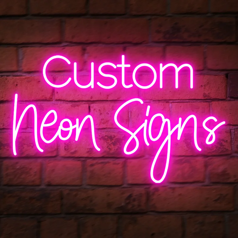 Pink LED neon light spelling “Custom Neon Signs” for decorative display or advertising use.
