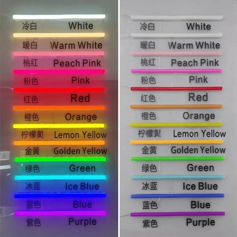 12 LED light color options for custom neon sign designs, including white, pink, red, yellow, green, blue, and more