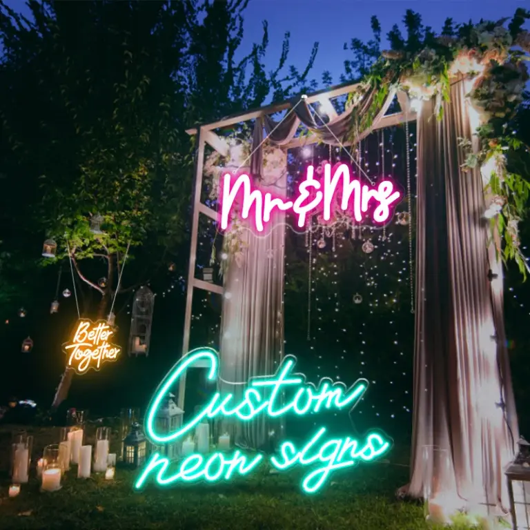 Custom wedding neon sign with waterproof design for outdoor use, featuring pink and green neon lights