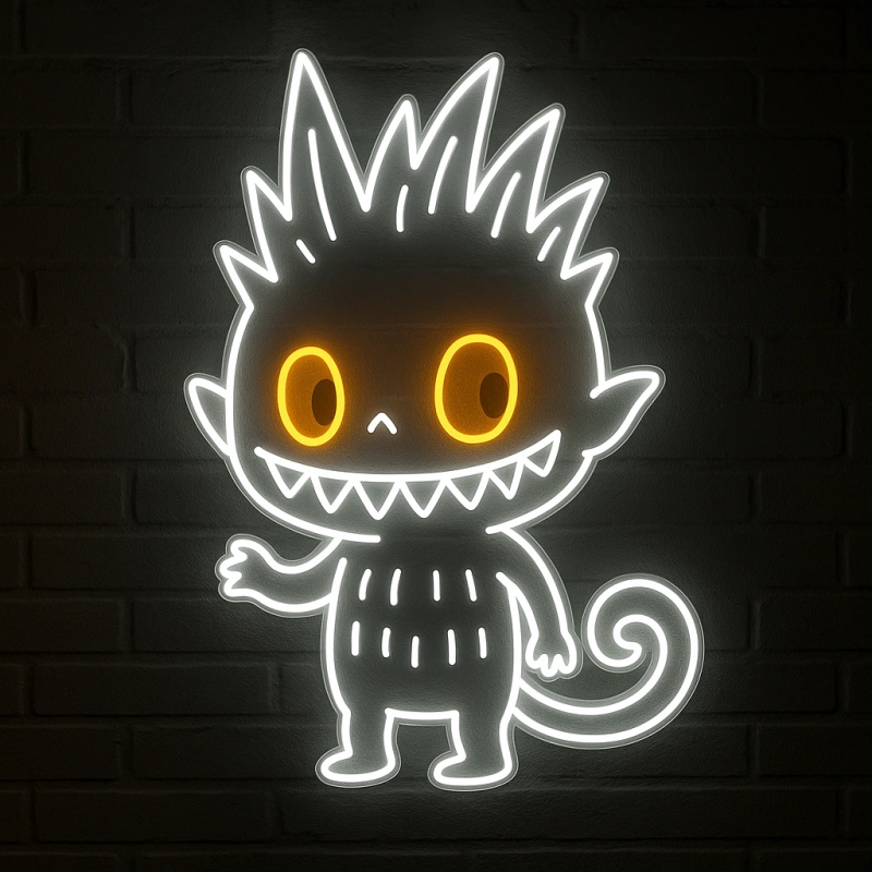 Neon sign in the shape of Labubu character