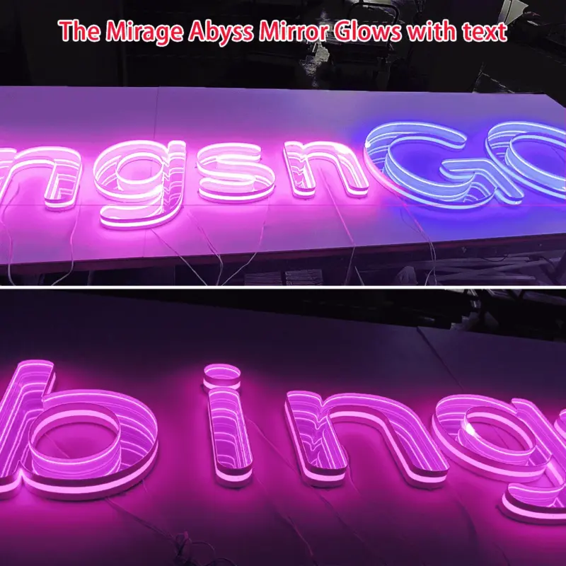 Custom 3D pink mirage abyss mirror neon sign glowing with depth and dimension