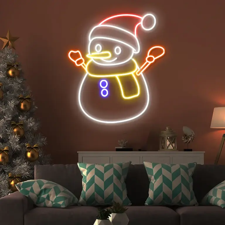 Personalized neon light for Christmas Day featuring a snowman in white, yellow, and pink colors.