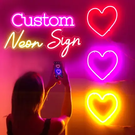 Personalized neon light for your love in heart shapes with red, pink, and yellow colors