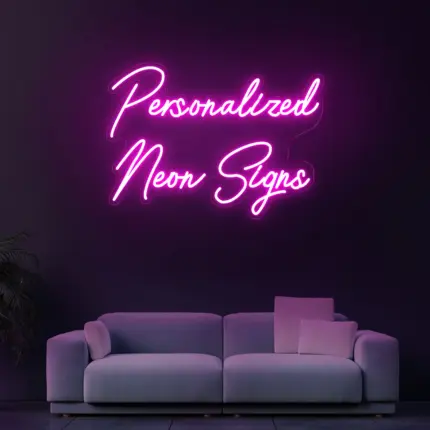 Personalized neon light for your needs in bright pink, wall-mounted above a modern sofa.
