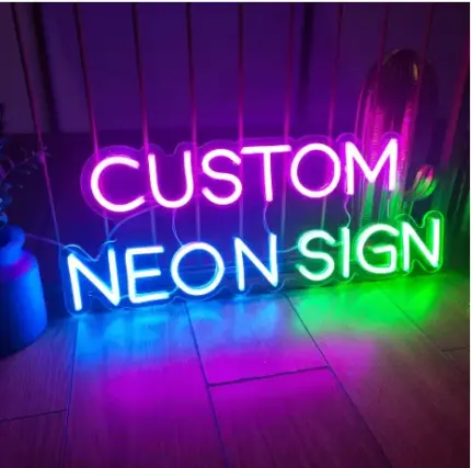 Personalized multicolor neon sign with red, blue, and green LED lights for custom advertising