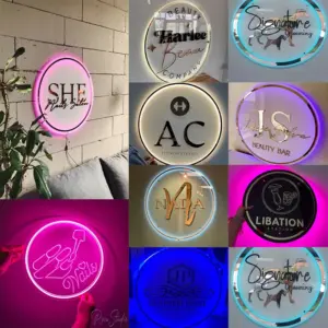 A collection of personalized round acrylic neon business logo signs with customizable LED colors and printed branding.