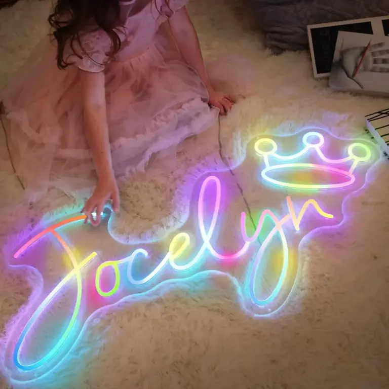 Custom RGB color-changing name neon sign with crown for kid’s birthday party