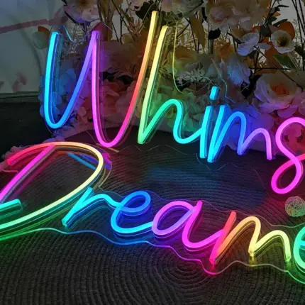 RGB color-changing neon sign with "Whims Dreamer" text in rainbow gradient