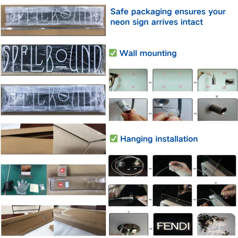 Neon sign packaging and installation instructions for wall mounting and hanging