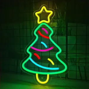 Christmas tree-shaped neon sign with yellow trunk, green leaf outline, and yellow star on top